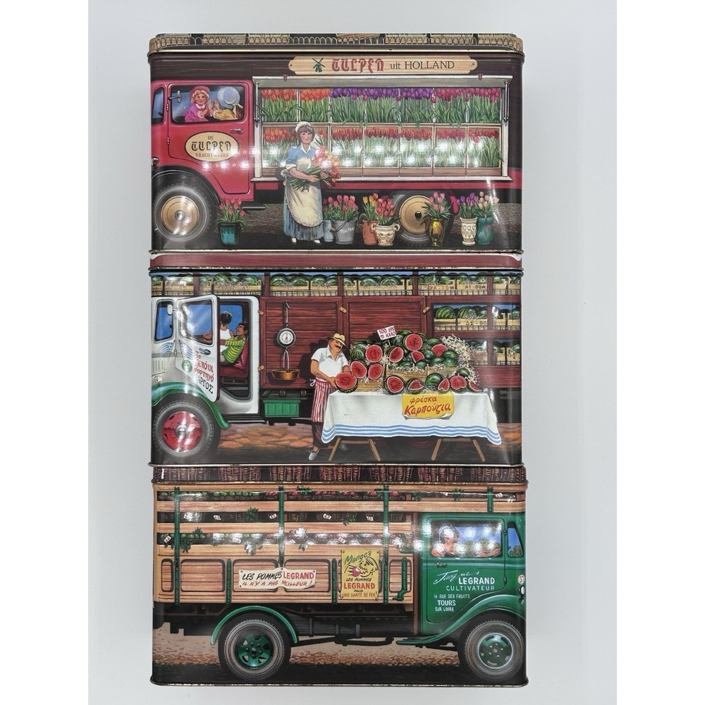 3 Vintage Tins European Market Trucks Holland Tulips Greece France Decor